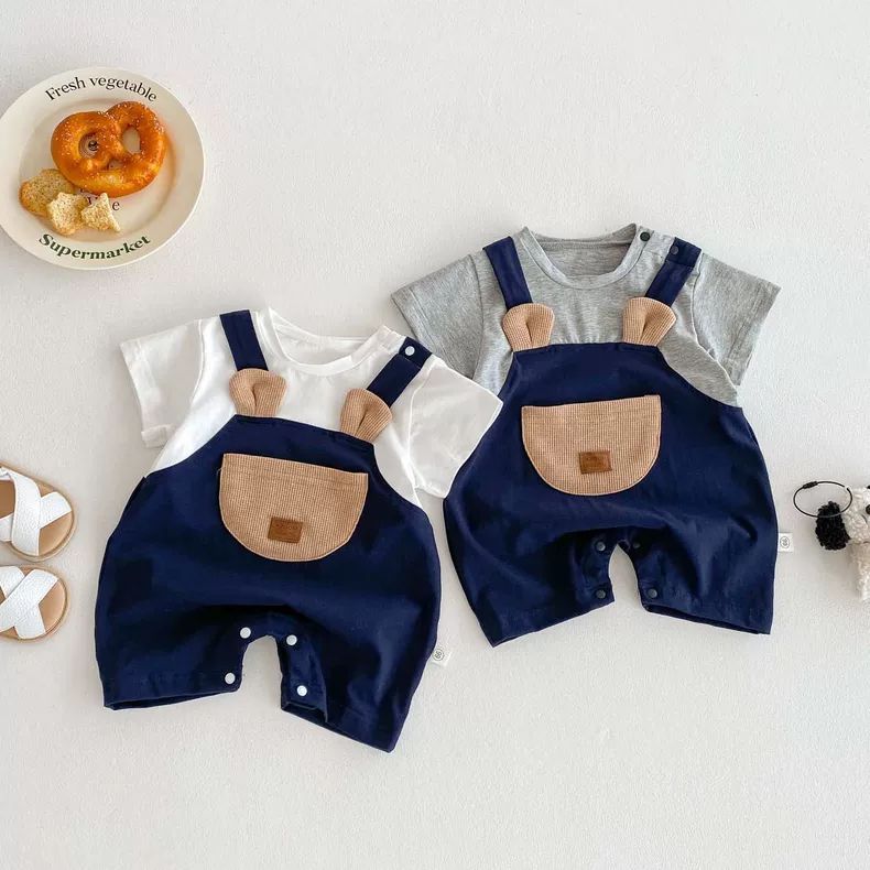 ベビー男の子ジャンプスーツ、クマフェイクツーピース半袖夏ロンパース、ベビーお出かけ服、ポケット、おしゃれなお尻カバー|undefined
