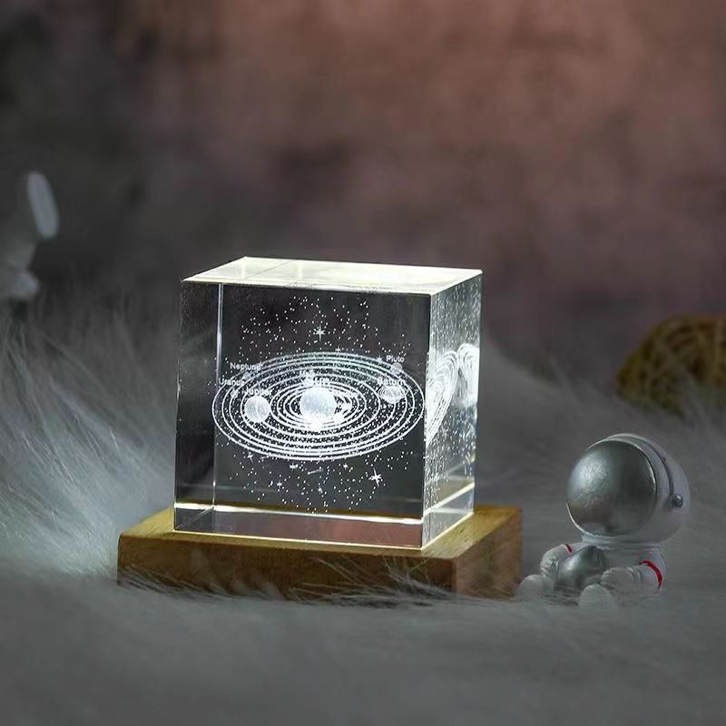 水晶球立方体摆件生日礼物银河星空方体小夜灯木质发光底座情人节 - 8