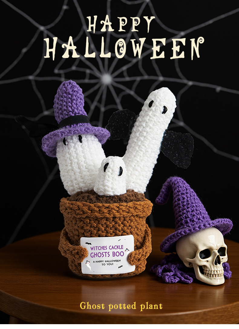 Halloween cross-border new funny expression dolls, positive energy woolen knitted ghost ornaments, potted plant card dolls pic 1