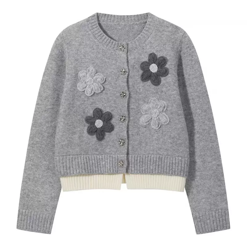 工厂定制2025秋季撞色圆领灰色立体花朵毛衣女假两件开衫