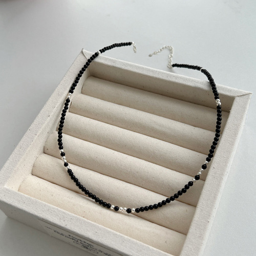 925 silver Korean blogger fever the same natural black agate stone beaded necklace fashionable and versatile stacked collarbone chain