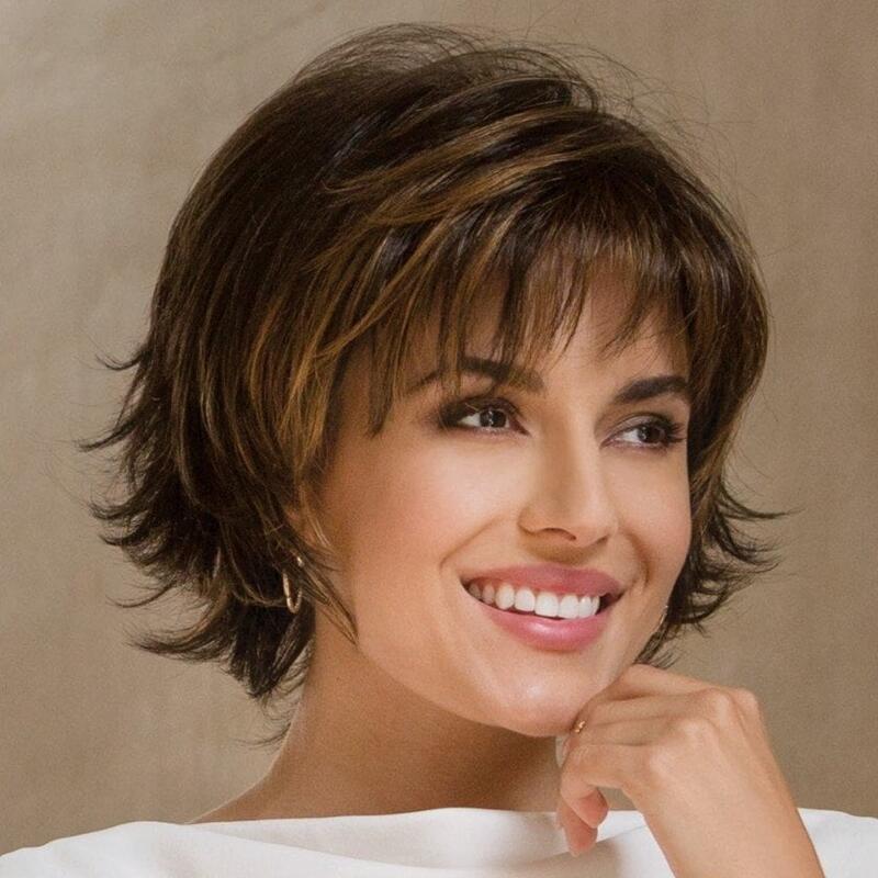 Factory direct wig short straight hair fluffy short bangs dark brown lady wig warped short curly hair one piece hair