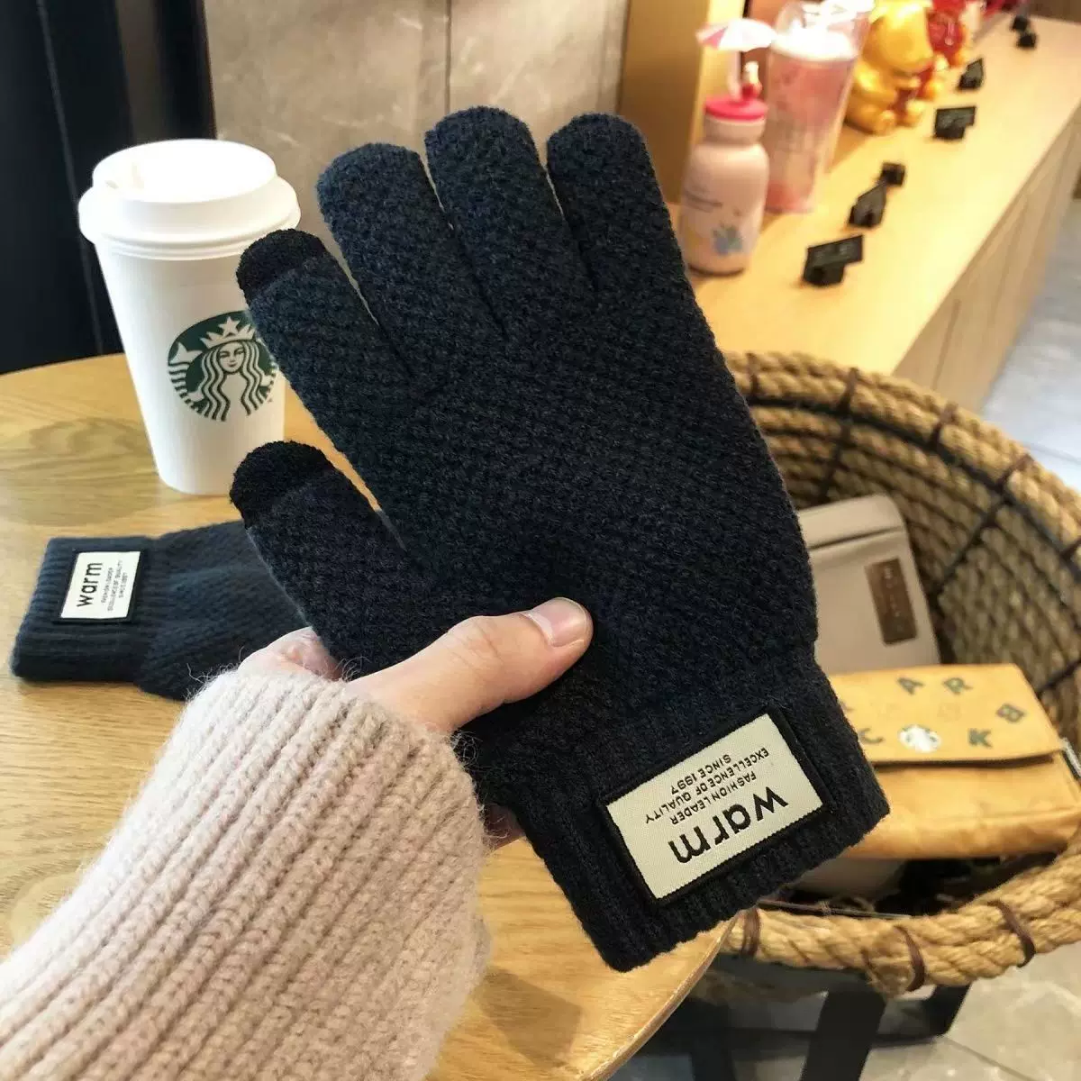 新款毛线男女款触屏针织情侣秋冬季加绒加厚户外骑行防寒保暖手套