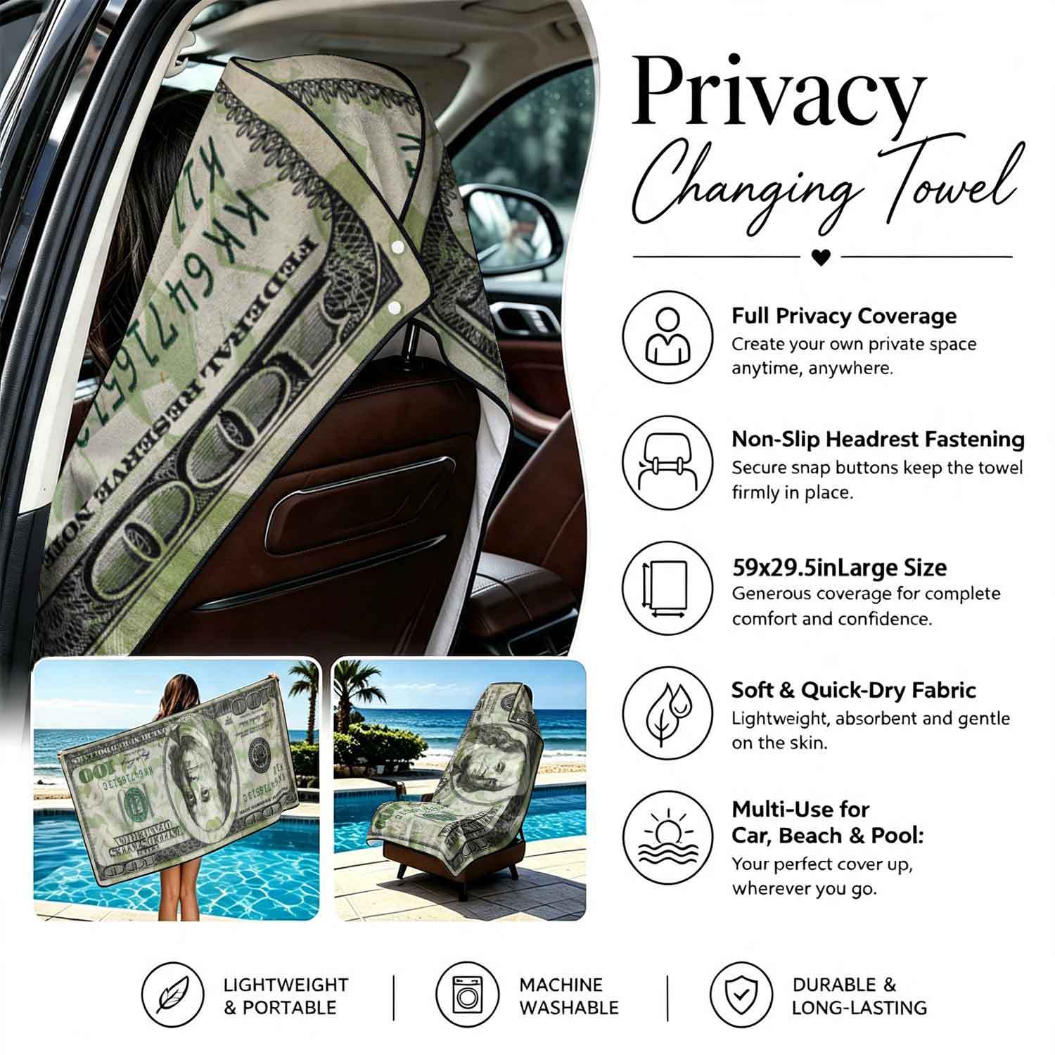 Printed bath towel and car seat cover 2-in-1, ultra-fine fiber outdoor beach and car dual-use universal seat cushion