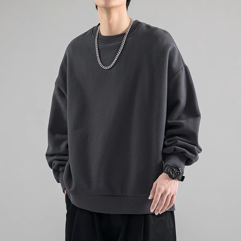 480g Heavyweight Spring and Autumn Sweatshirt for Men, Black Crew Neck American Style Trendy Brand Fleece-Lined Base Shirt, Sports Casual Top