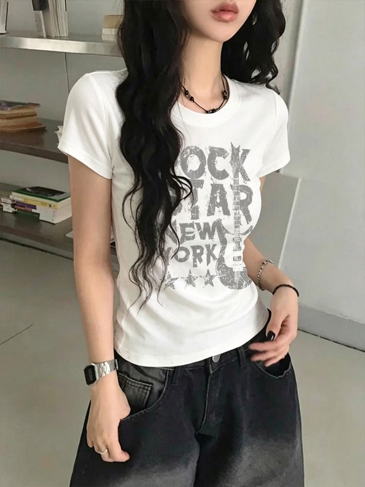 Versatile Letter-Print Solid Color Short-Sleeve T-Shirt for Women, Summer Hot-Selling Slim-Fit Style, Trendy Top