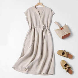 2025夏原生质朴纯色棉麻短袖连衣裙女文艺复古素色V领中长款裙子