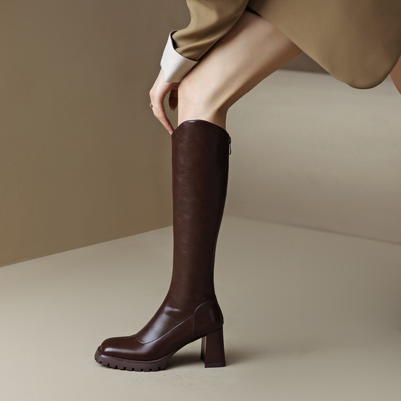 Demi-season elastic high boots platform heels square toe with zipper