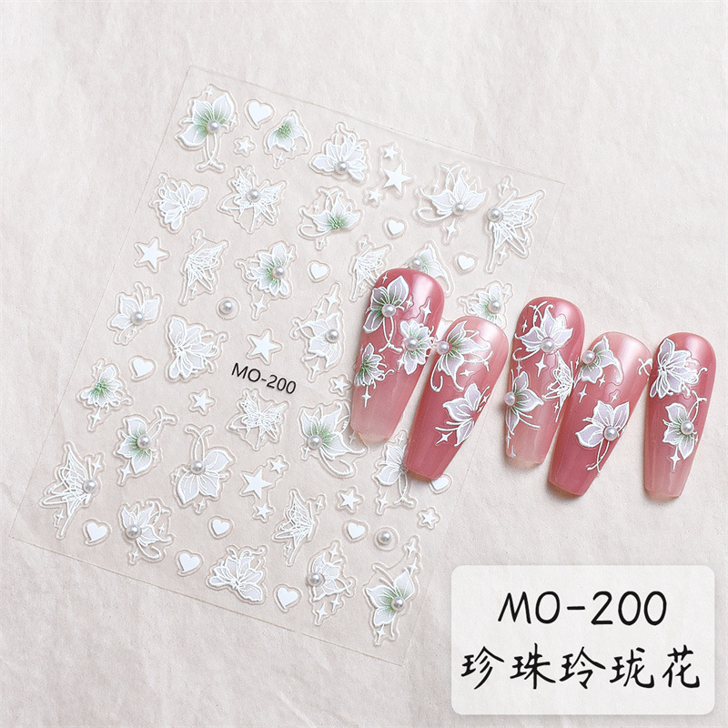 Red neta perla exquisita flor pegatinas de uñas diamante de cristal blanco mariposa pintada a mano pegatinas de uñas en relieve tridimensional con pegamento trasero