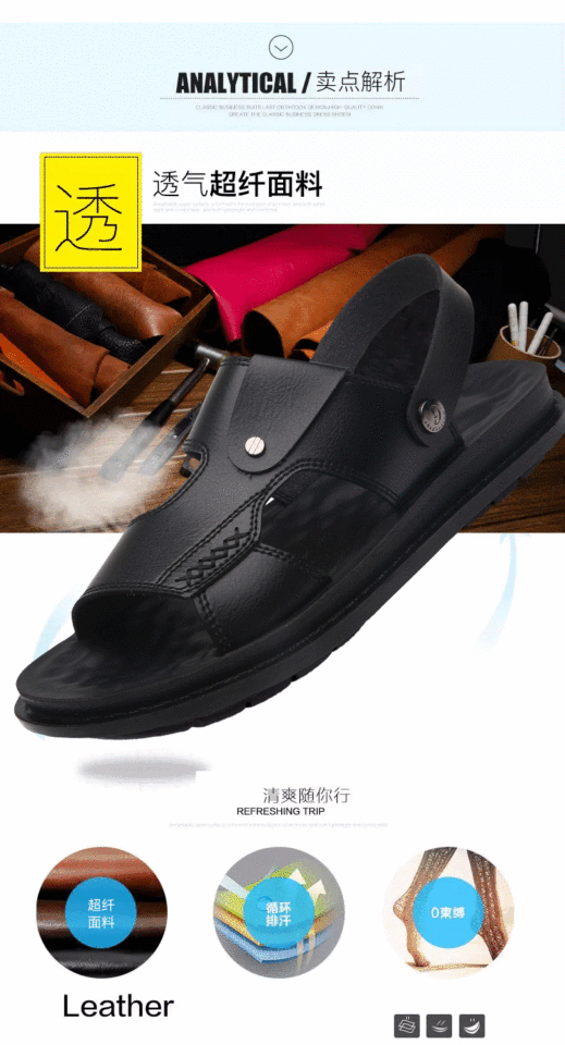 Dép sandal nam quai ngang hở ngón chất liệu da PU chống trơn, size lớn đi ngoài trời — Kaki, Màu xám, Đen toàn bộ, Đỏ rượu chi tiết 4