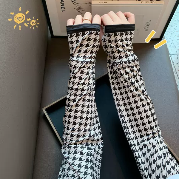 Summer Loose Ice Silk Sun Protection Ice Sleeve Houndstooth Gloves UV Protection Arm Riding Driving Arm Sleeve