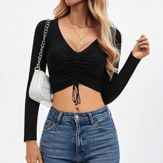 2025 Cross-Border Long-Sleeved Front Lace-Up Deep V-Neck Crop Top with Adjustable Pleats Fashionable Sexy Cleavage t