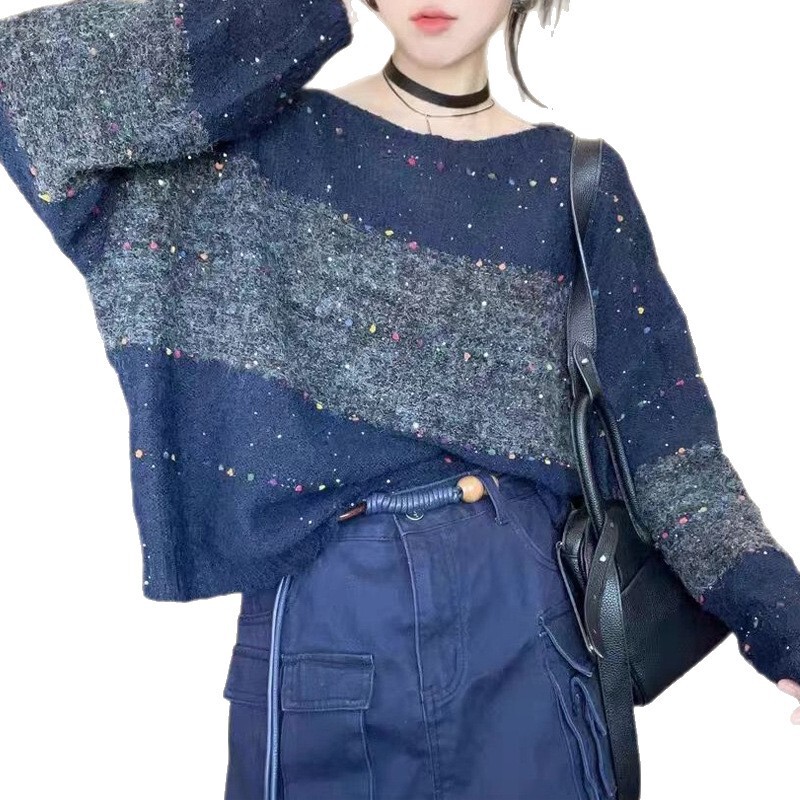 毛衣女2025秋季新款欧洲站慵懒风宽松百搭撞色拼接针织衫长袖上衣|undefined