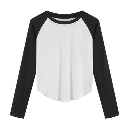 American sweet and spicy color-blocked crew neck T-shirt for women, suitable for spring and autumn, retro chic, unique top, long sleeve undershirt
