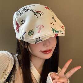 日系涂鸦前进帽女春夏款韩版百搭大头围贝雷帽显脸小蓓蕾画家帽子