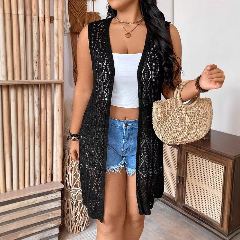 Cross-Border Hot-Selling Black Sleeveless Knitted Cardigan, Solid Color, Beach Vacation Casual Fashion Women's Clothing, Elegant European and American New Style Cross-Border Hot-Selling Black Sleeveless Knitted Cardigan, Solid Color, Beach Vacation Casual Fashion Women's Clothing, Elegant European and American New Style