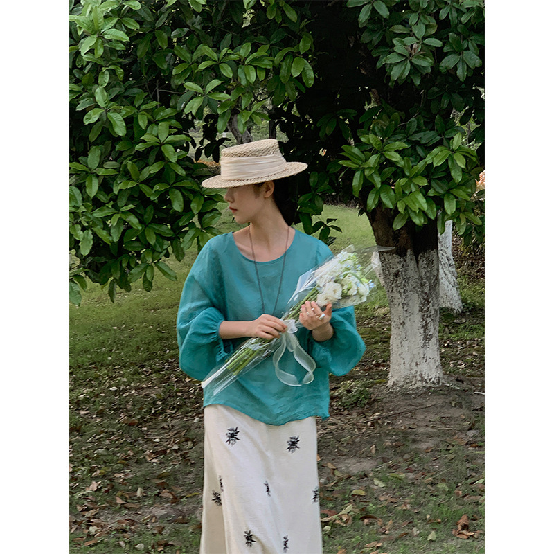Jiang Chi Casual Style 100% Ramie Round Neck Lantern Sleeve Blouse for Women Vintage Artistic Forest Style Shirt 606 Jiang Chi Casual Style 100% Ramie Round Neck Lantern Sleeve Blouse for Women Vintage Artistic Forest Style Shirt 606