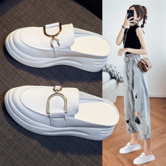 2023夏季新款內增高半拖鞋女真皮女式涼鞋女顯腿長樂福鞋一件代發