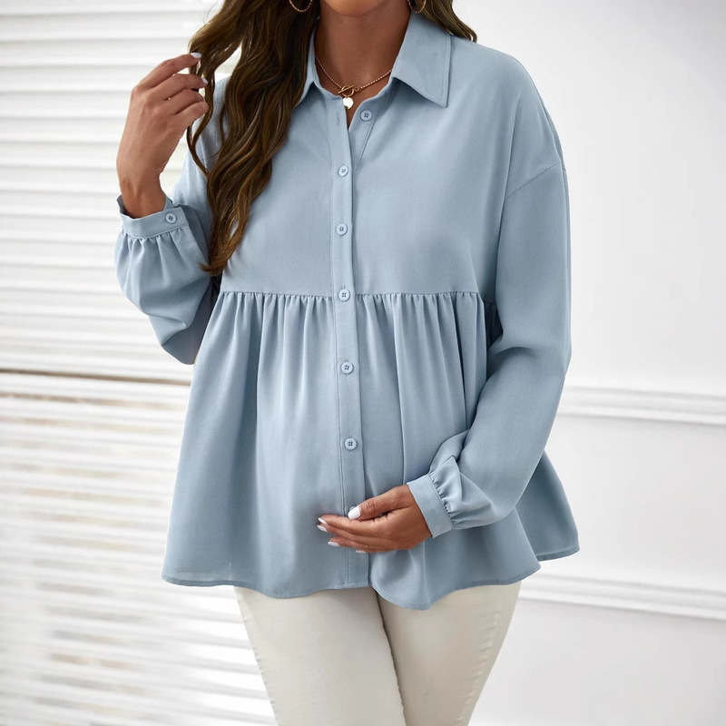 Cross-border European and American Women's Clothing Spring chubby girl Loose Western Style Long Sleeve Collar Belly Covering Pregnant Women's Shirt Top