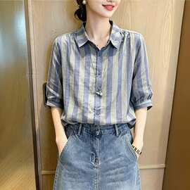 条纹翻领衬衫女短袖夏季2026新款高级感洋气减龄宽松显瘦衬衣上衣