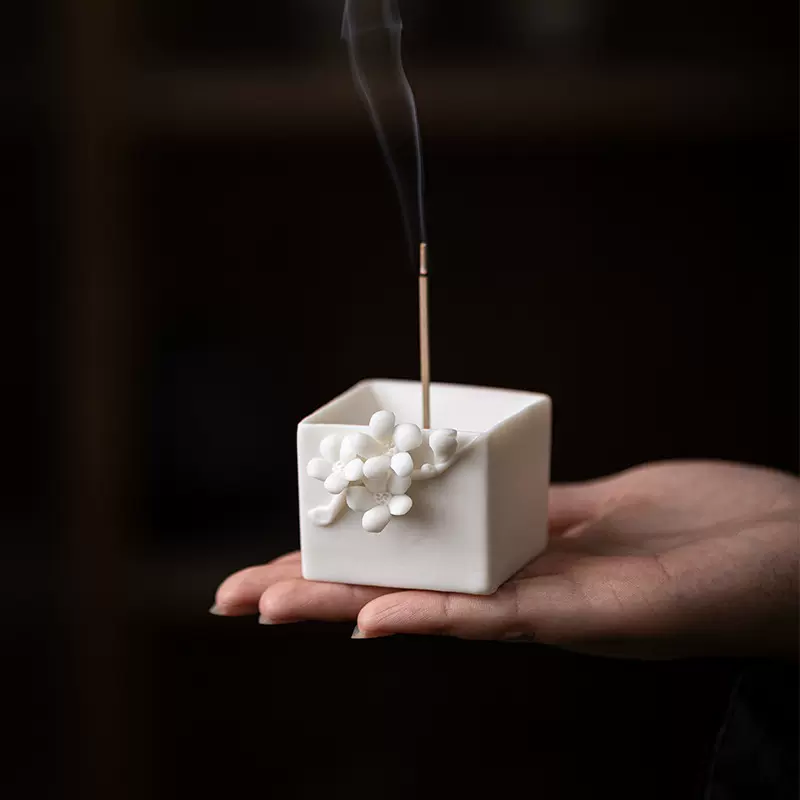 手工 白瓷捏花梅花线香香插家用室内茶桌创意香座托小摆件礼盒装