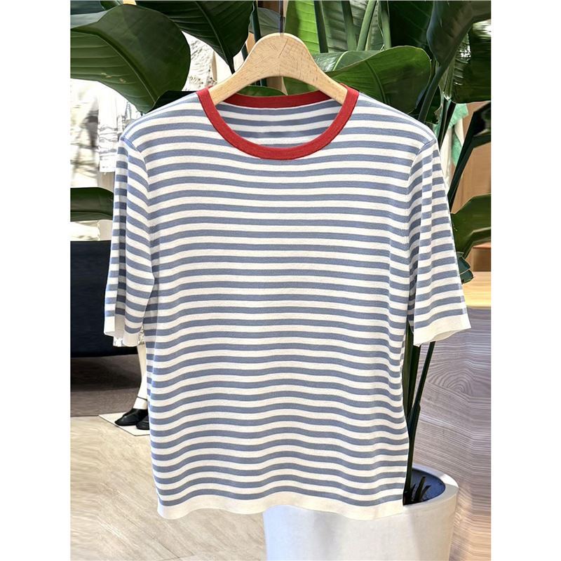 2026 New Summer Style French Casual Versatile Loose Striped Knit T-Shirt Top 2026 New Summer Style French Casual Versatile Loose Striped Knit T-Shirt Top
