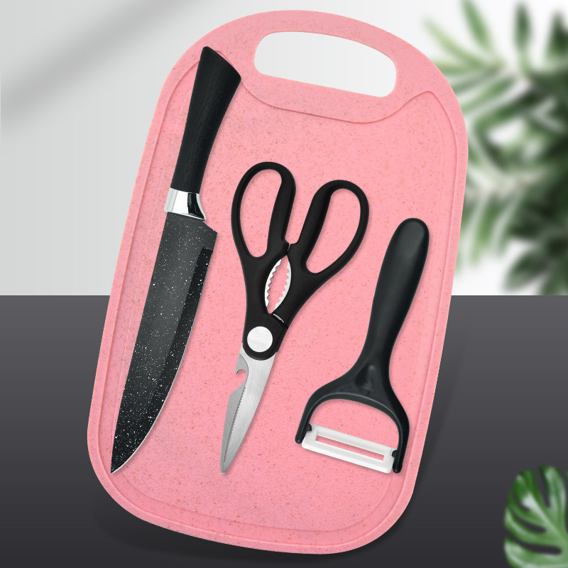 SCHOOL cuchillo de acero inoxidable con tablero de verduras con agujeros se puede colgar al por mayor cuchillo de punto estrella negro cuatro piezas succión conjunto de tarjetas