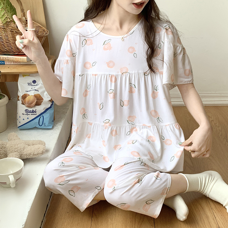 Pijamas de seda de algodón de manga corta de verano Estilo occidental de las mujeres aire acondicionado Delgado desgaste del hogar Chica japonesa dulce estudiante de algodón traje de seda