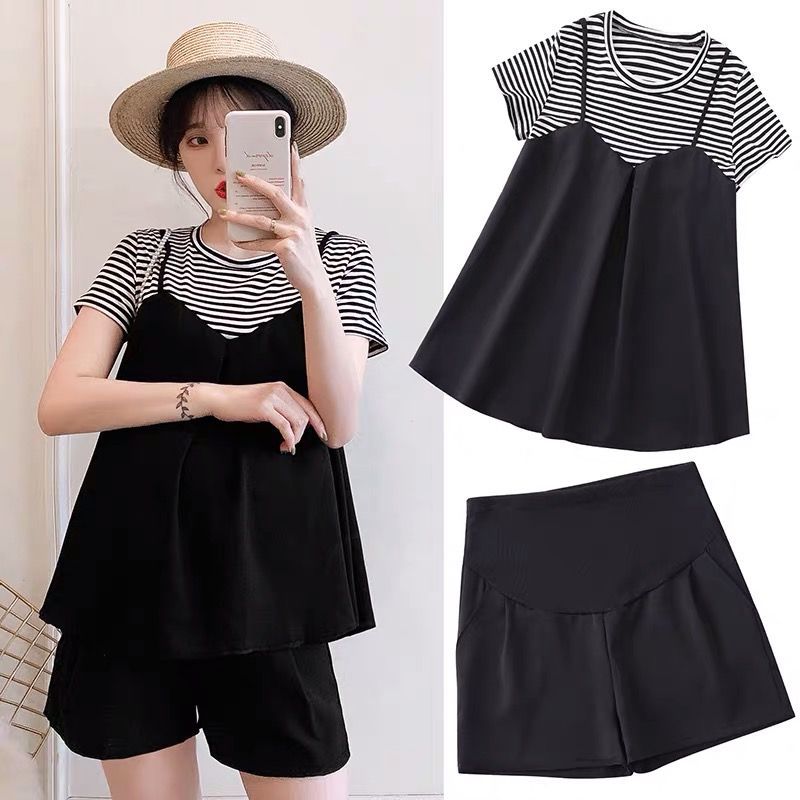 Pregnant Women's Summer Set Fashion Style Pseudo-Two-Piece Striped Patchwork Top + Shorts Outfit Two-Piece Set