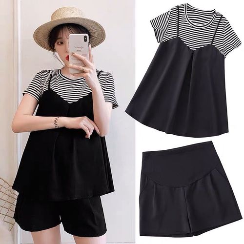 Pregnant Women's Summer Set Fashion Style Pseudo-Two-Piece Striped Patchwork Top + Shorts Outfit Two-Piece Set