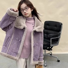 2025新款女大童加绒外套冬季皮毛一体保暖上衣小女孩短款网红冬装
