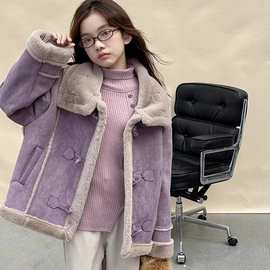 2025新款女大童加绒外套冬季皮毛一体保暖上衣小女孩短款网红冬装