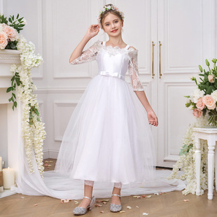 Cross-Border Girls Princess Dress White Flower Girl Wedding Dress Children's Dress Long-Sleeved Tutu Skirt Catwalk Performance Clothing
