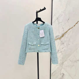 深圳南油25早秋款法式名媛风格纹编织粗花呢单排扣双口袋短款外套