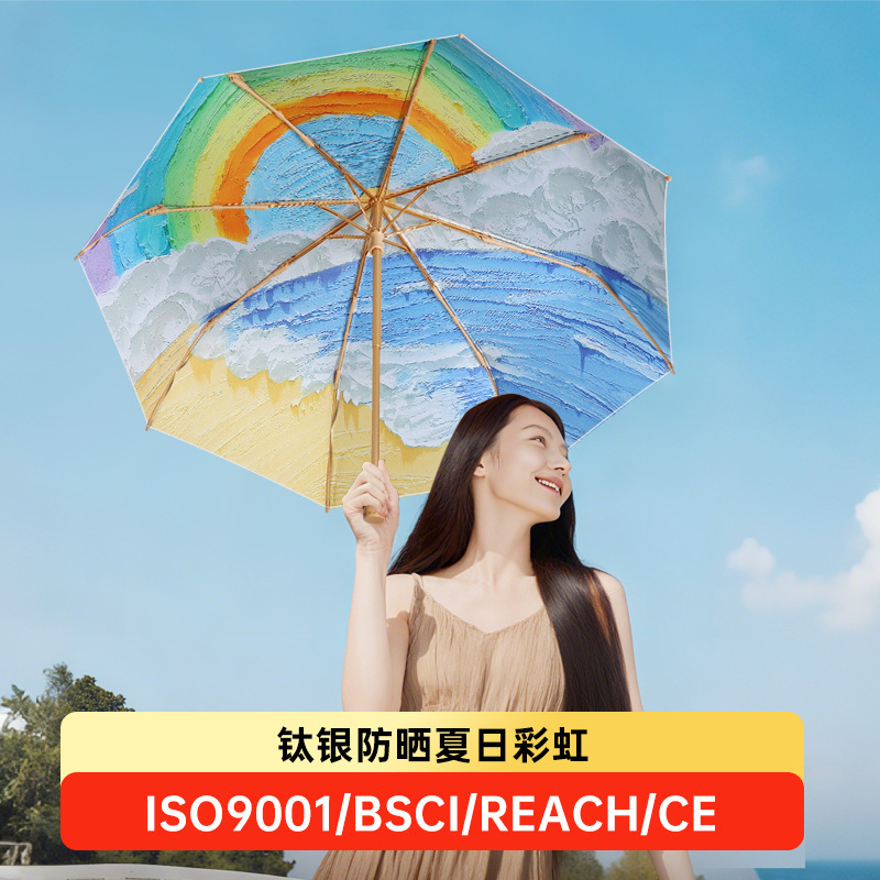 8 bone hand open ink painting three fold titanium silver glue sunscreen sun umbrella women's personality can be customized solid wood umbrella