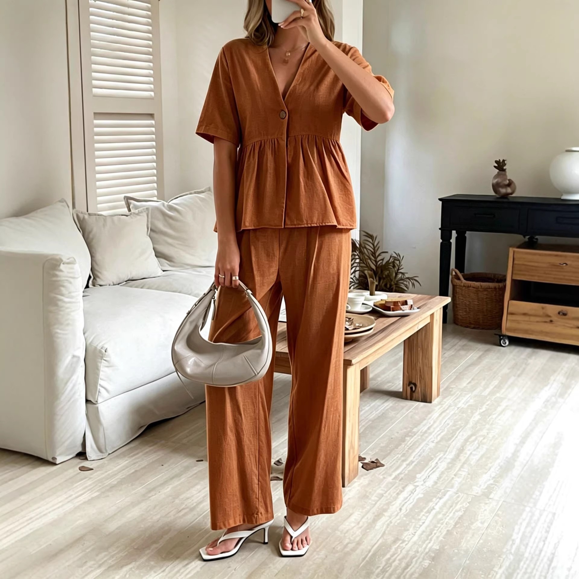 Women's Clothing Fashion Elegant Two Piece Set V Neck Loose Short Sleeved Top And Wide Leg Pants For Formal & Casual For Women_ecoleips.com
