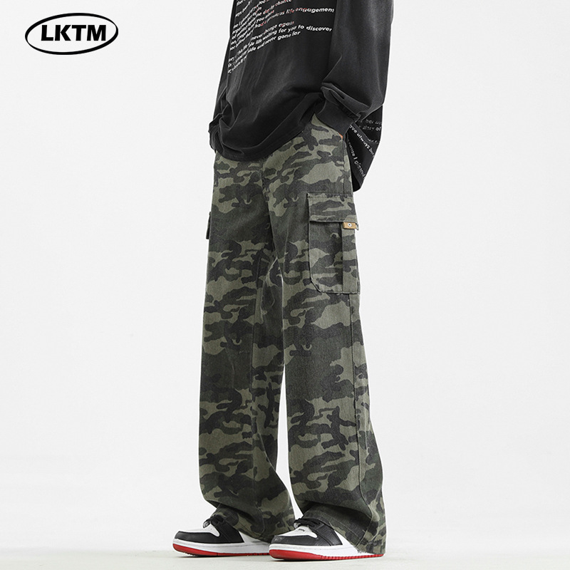 LKTM男装#美式复古vibe迷彩工装裤男潮牌痞帅半松紧腰直筒休闲裤