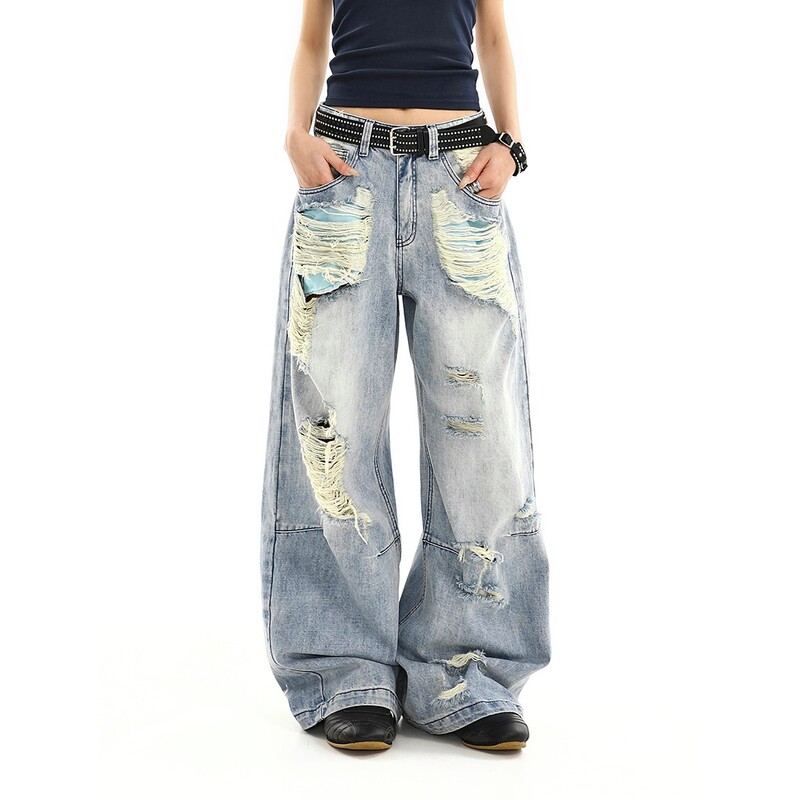 Washed Distressed Light-Colored Ripped Straight-Leg Jeans for Women, American Retro Style, Loose Low-Rise Wide-Leg Floor-Length Pants