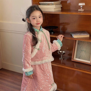 廠家女童新中式國風立領盤扣人魚旗袍裙套裝夾棉兩件套冬季拜年服