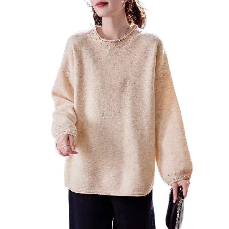 Suéter retro literario de otoño de mujeres 2025 nuevo relajado sensación de collar redondo suelto cuentas de punto camisa de manga larga
