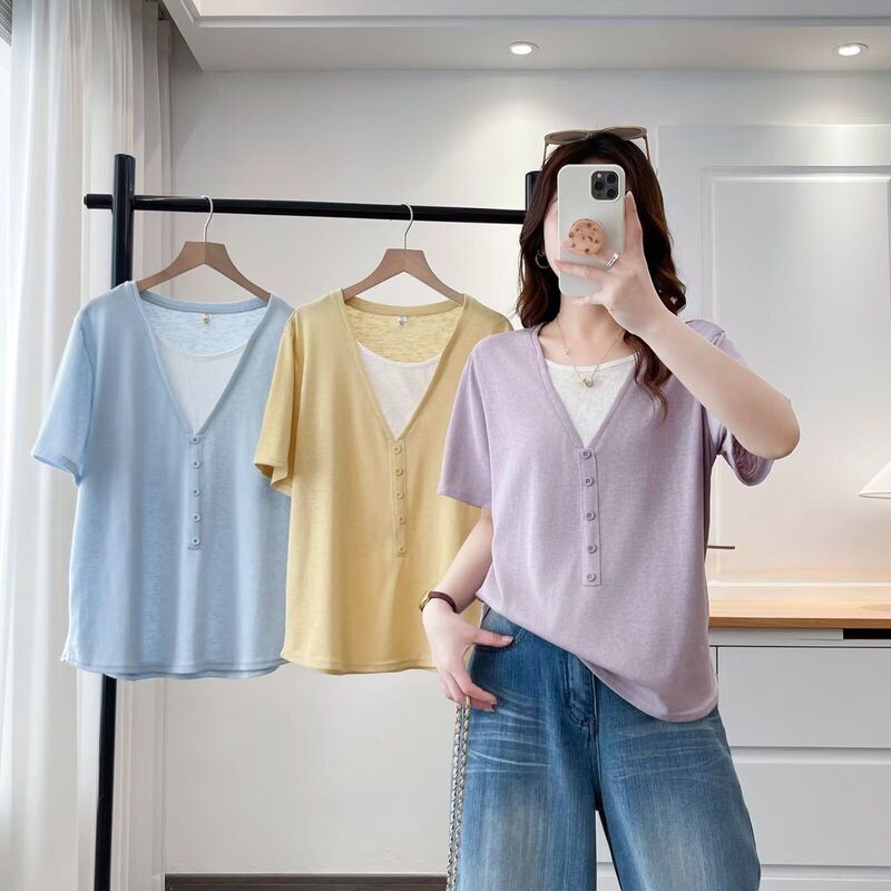 Summer New Style Snowflake Cotton Plus-Size Women's Trendy Lightweight Loose Slimming Fake Two-Piece Short-Sleeve T-Shirt Top