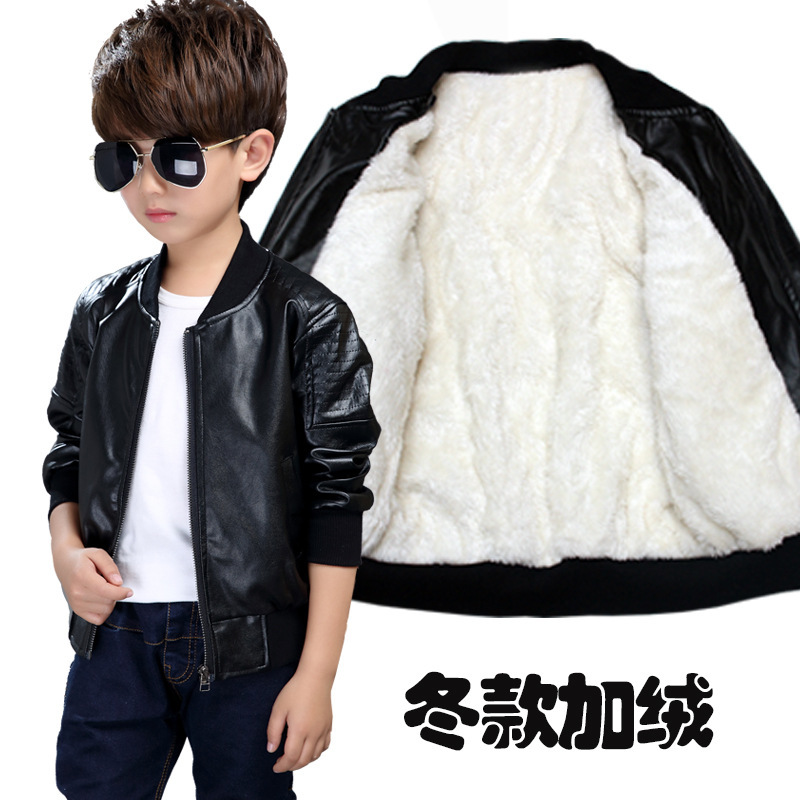Abrigo de cuero para niños Otoño e Invierno Nuevo abrigo de abrigo cálido grueso con forro polar para niños medianos y grandes Chaqueta de cuero de PU primavera y otoño transfronteriza image 10