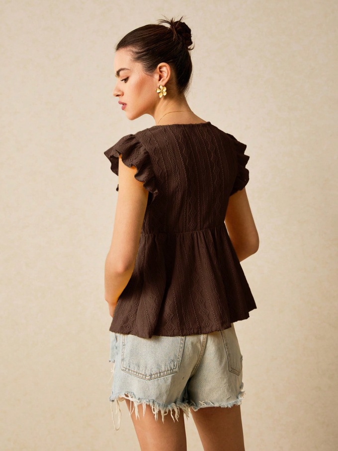 2026 European And American Cross Border Women's Spring And Summer New Fashionable Hollow V-neck Lotus Leaf Short Sleeved Lace T-shirt Top_ecoleips.com