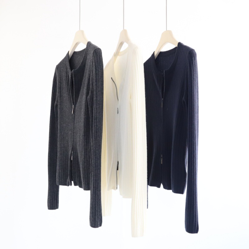 Cashmere and wool blend ribbed knit long-sleeve sweater with a double-ended zipper, women's autumn/winter new style wool top Cashmere and wool blend ribbed knit long-sleeve sweater with a double-ended zipper, women's autumn/winter new style wool top