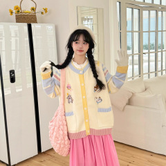 条纹卡通刺绣针织外套女早秋季上衣2025新款宽松慵懒日系毛衣开衫