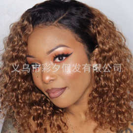 欧美假发 女款全头套染色渐变非洲小卷中长款wig棕色高温丝头套