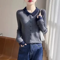 Женский кардиган-поло из камвольной шерсти Mengyi, оптовая продажа, контрастная расцветка, весна 2025, новый трикотаж, приталенный силуэт