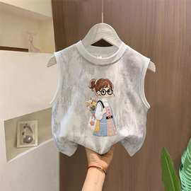 男女童纯棉透气夏季新款帅气潮流亮片夏装儿童无袖扎染上衣背心
