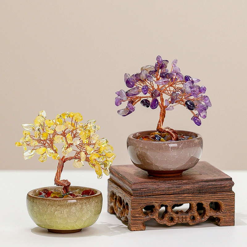 Денежное дерево, сувенирная чаша-сокровищница из дробленого камня, милый ручной работы, новинка 2025 года, аметист, креативное украшение для рабочего стола, денежное дерево