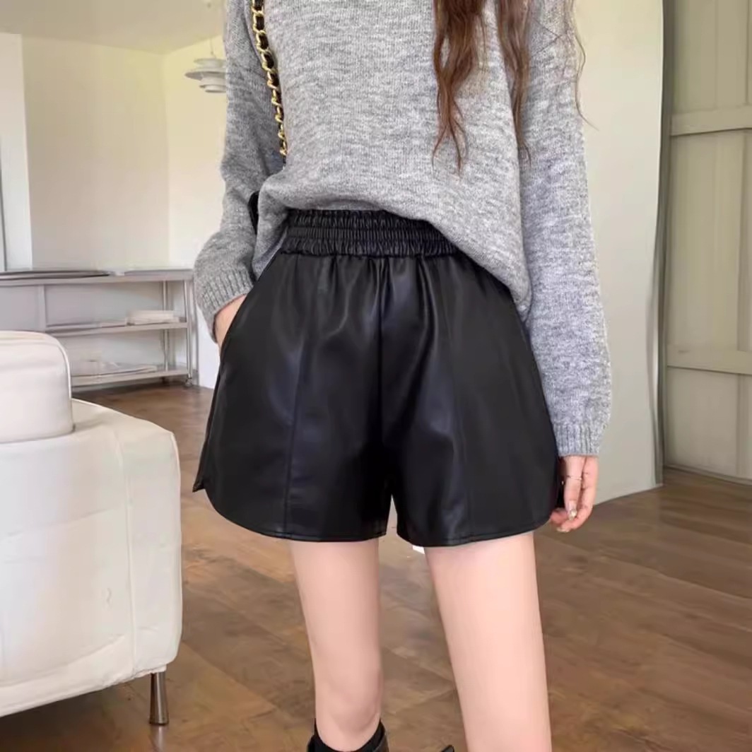 pu皮短裤女春秋2026新款高腰宽松显瘦阔腿裤黑色外穿秋冬a字皮裤